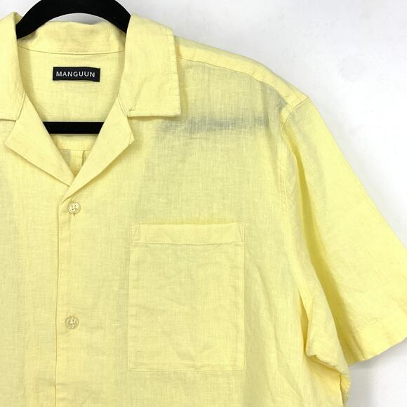 Manguun Button Front Short Sleeve Shirt Mens Size Large Linen Blend Light Yellow - Picture 3 of 7